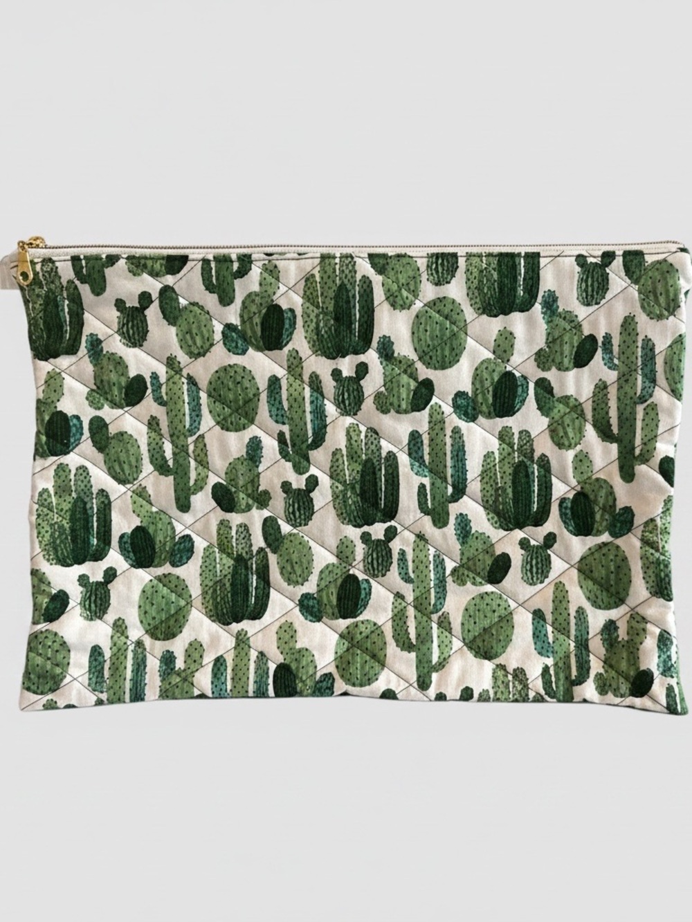 Cactus Quilted Zipper Pouch in Green and Cream